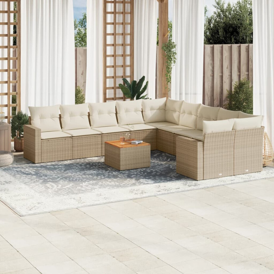 vidaXL 11-delige Tuinset met kussens poly rattan beige afbeelding 1
