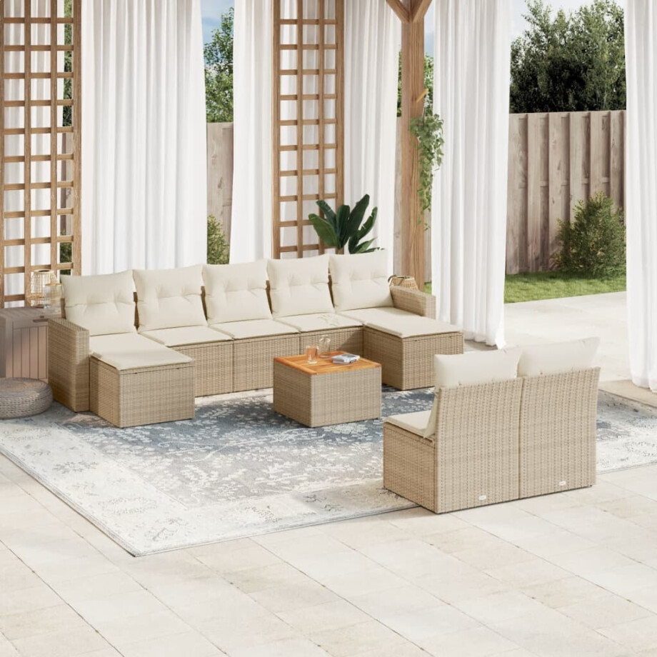 vidaXL 10-delige Loungeset met kussens poly rattan beige afbeelding 1
