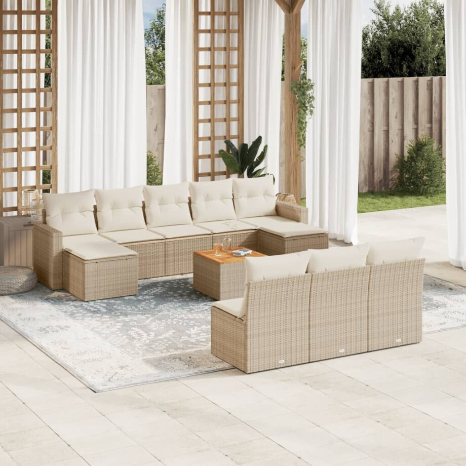 vidaXL 11-delige Tuinset met kussens poly rattan beige afbeelding 1