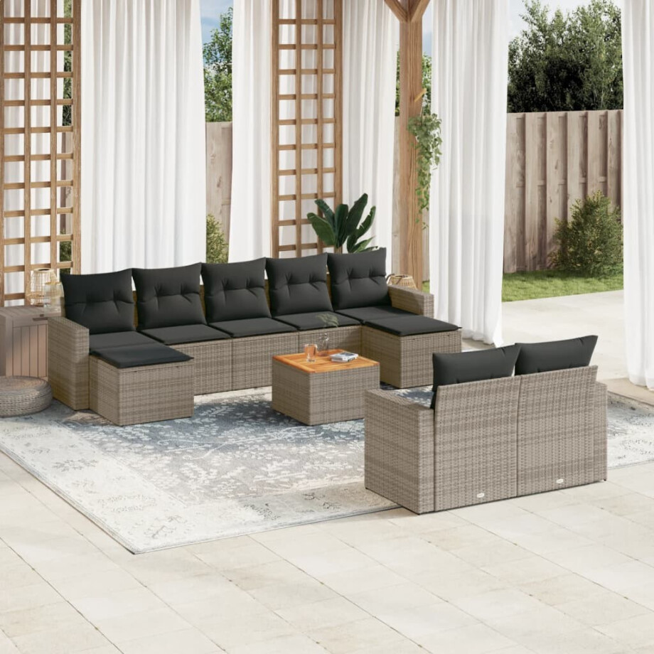 vidaXL 10-delige Loungeset met kussens poly rattan grijs vidaXL 10-delige Loungeset met kussens poly rattan grijs afbeelding 1