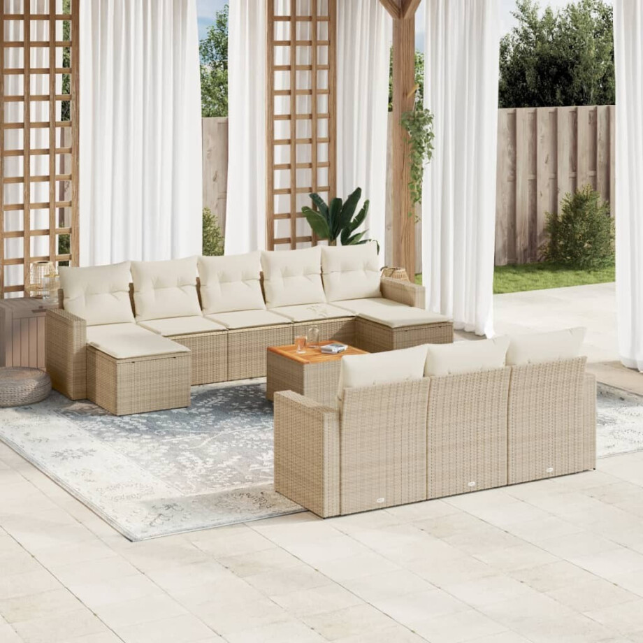 vidaXL 11-delige Tuinset met kussens poly rattan beige afbeelding 1