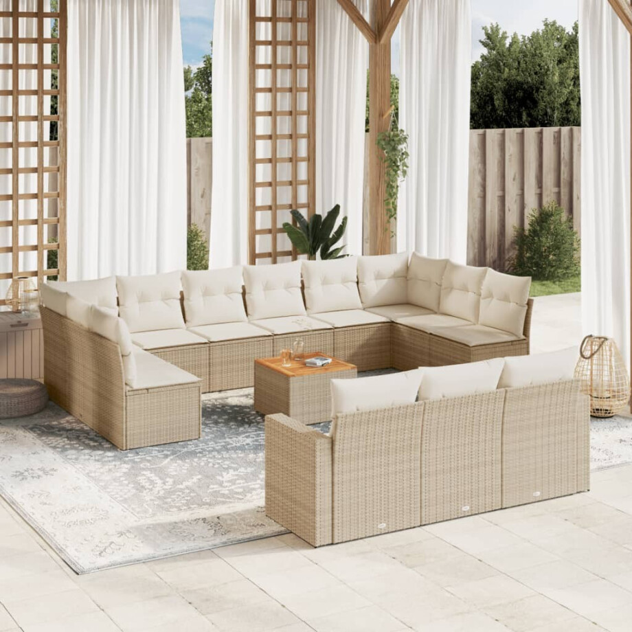 vidaXL 14-delige Loungeset met kussens poly rattan beige afbeelding 1
