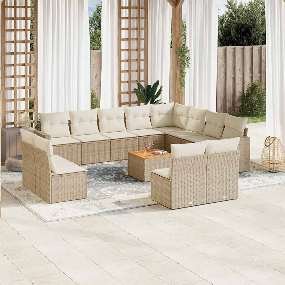 vidaXL 13-delige Loungeset met kussens poly rattan beige afbeelding 1