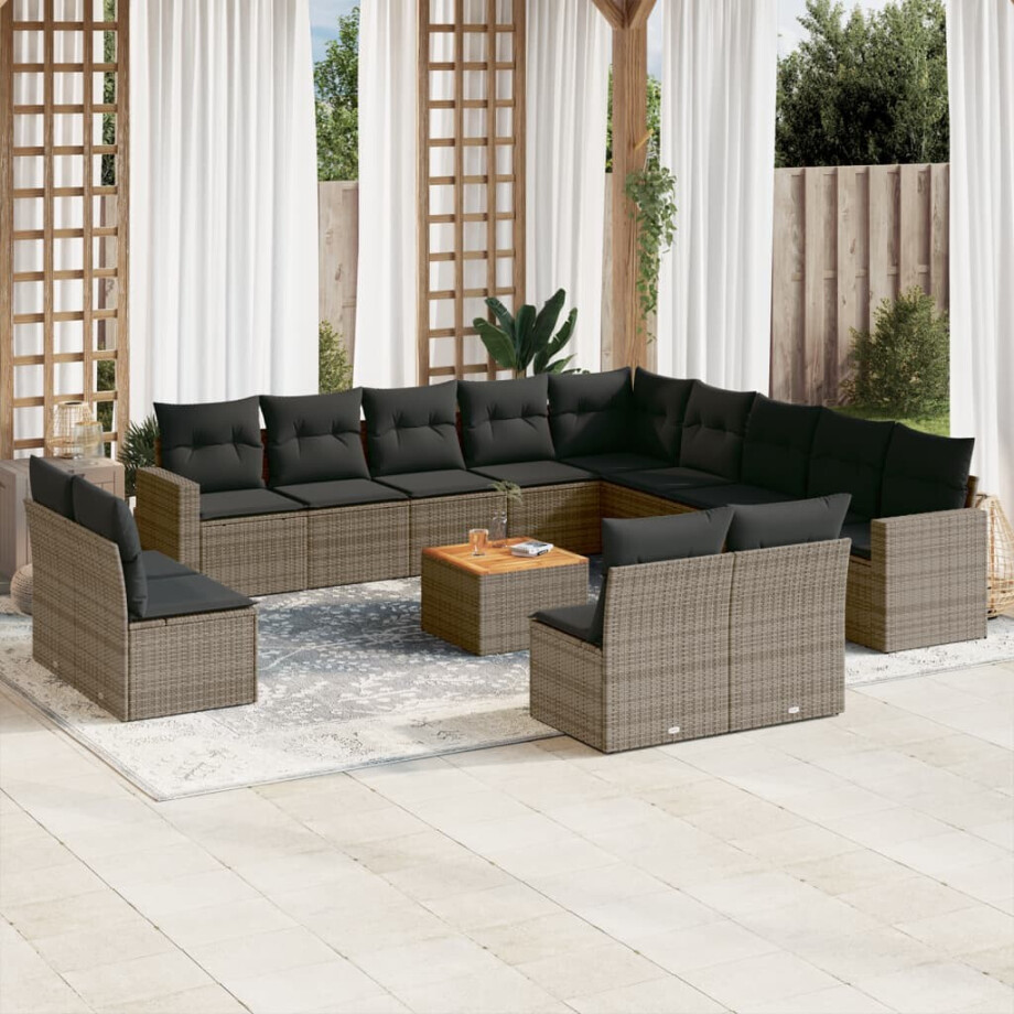 vidaXL 14-delige Loungeset met kussens poly rattan grijs afbeelding 1