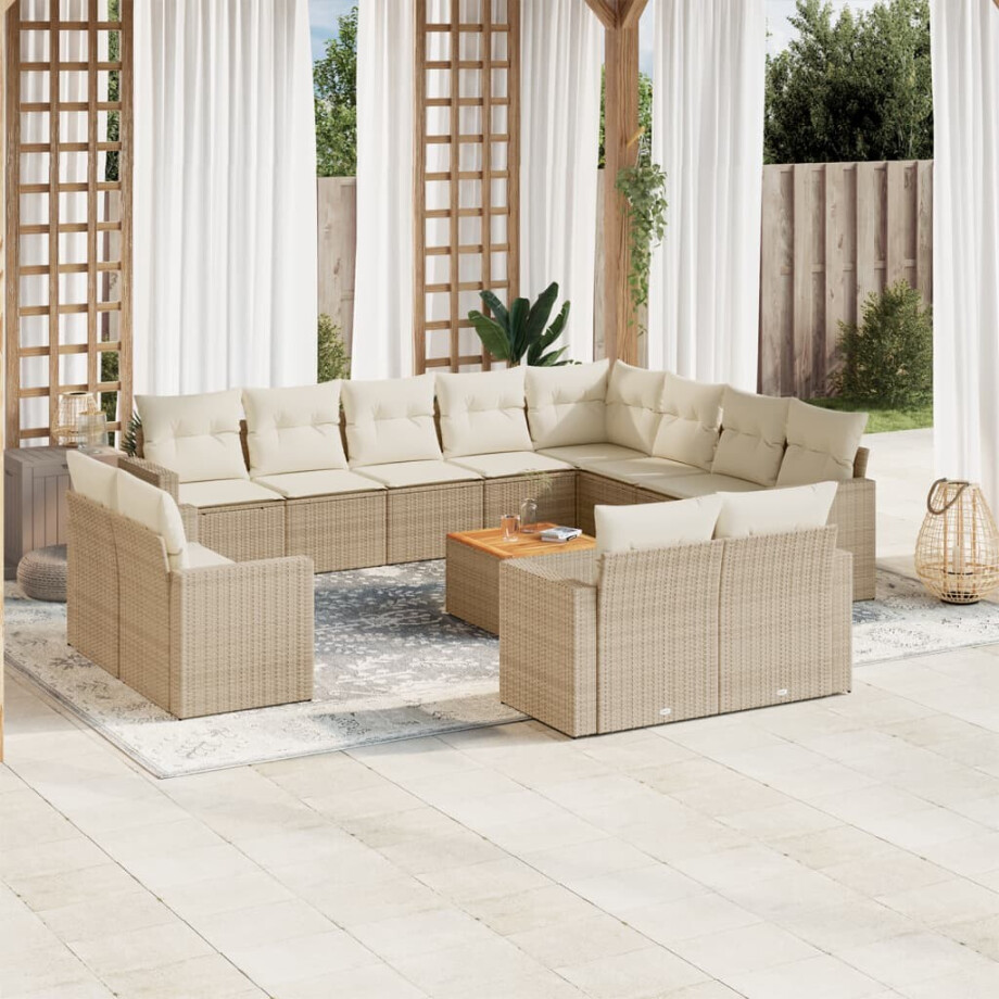 vidaXL 13-delige Loungeset met kussens poly rattan beige afbeelding 1
