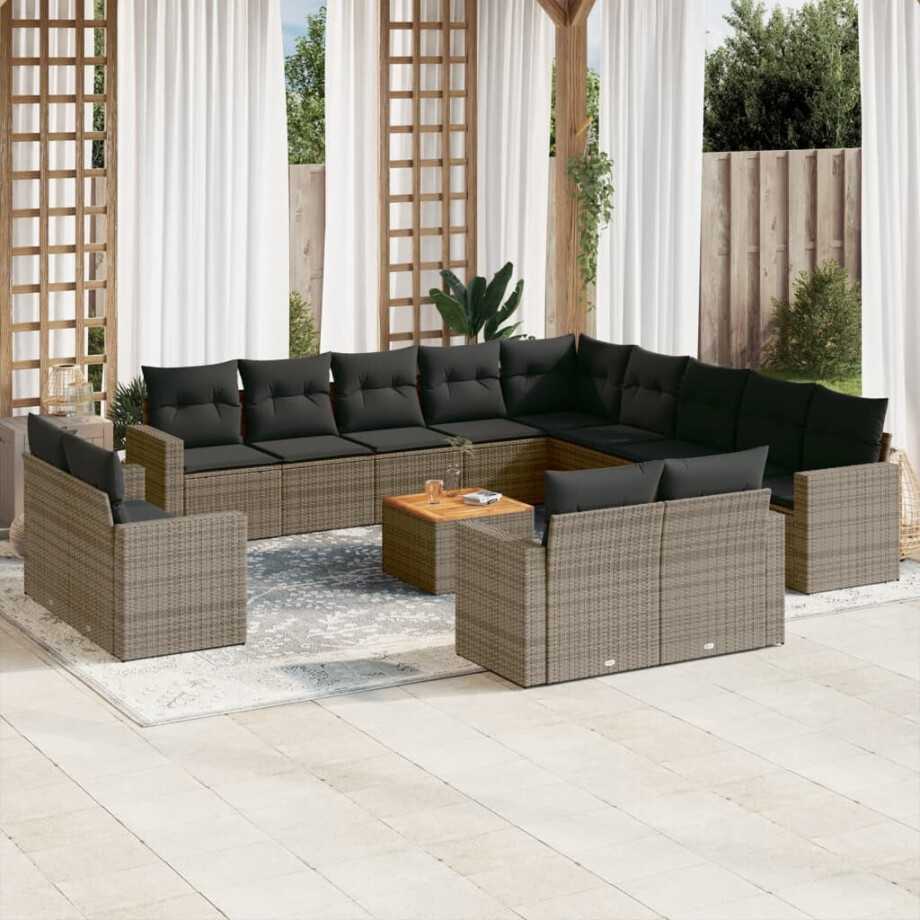 vidaXL 14-delige Loungeset met kussens poly rattan grijs afbeelding 1