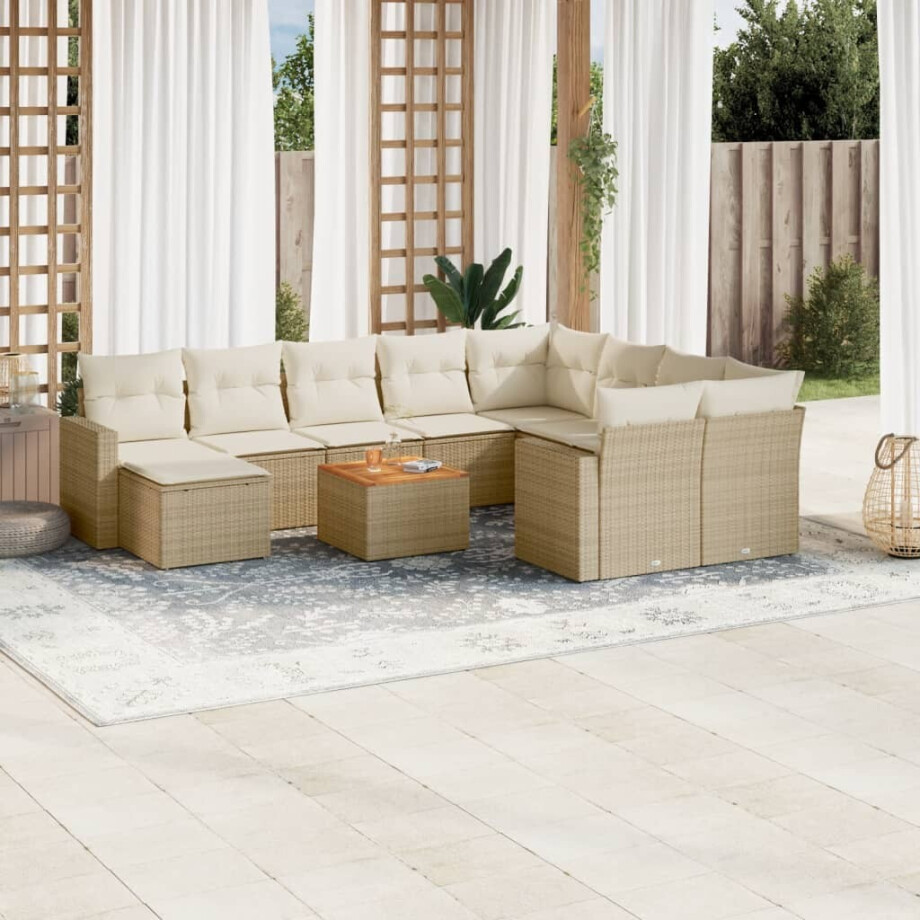 vidaXL 11-delige Tuinset met kussens poly rattan beige afbeelding 1