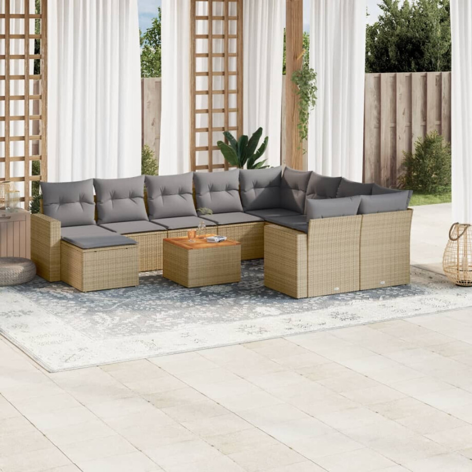 vidaXL 11-delige Tuinset met kussens poly rattan beige afbeelding 1