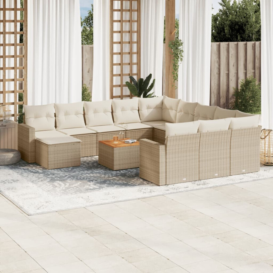 vidaXL 13-delige Loungeset met kussens poly rattan beige afbeelding 1