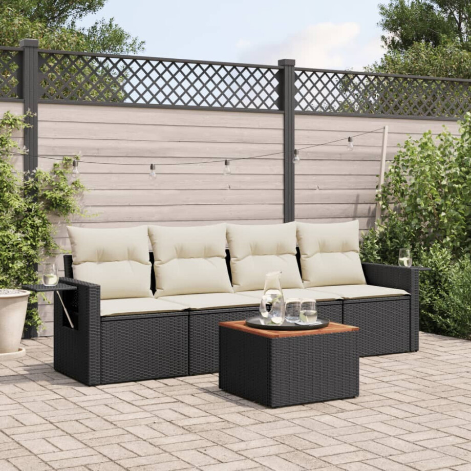 vidaXL 5-delige Loungeset met kussens poly rattan zwart afbeelding 1