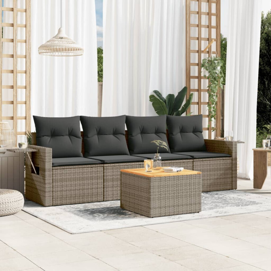 vidaXL 5-delige Loungeset met kussens poly rattan grijs afbeelding 1