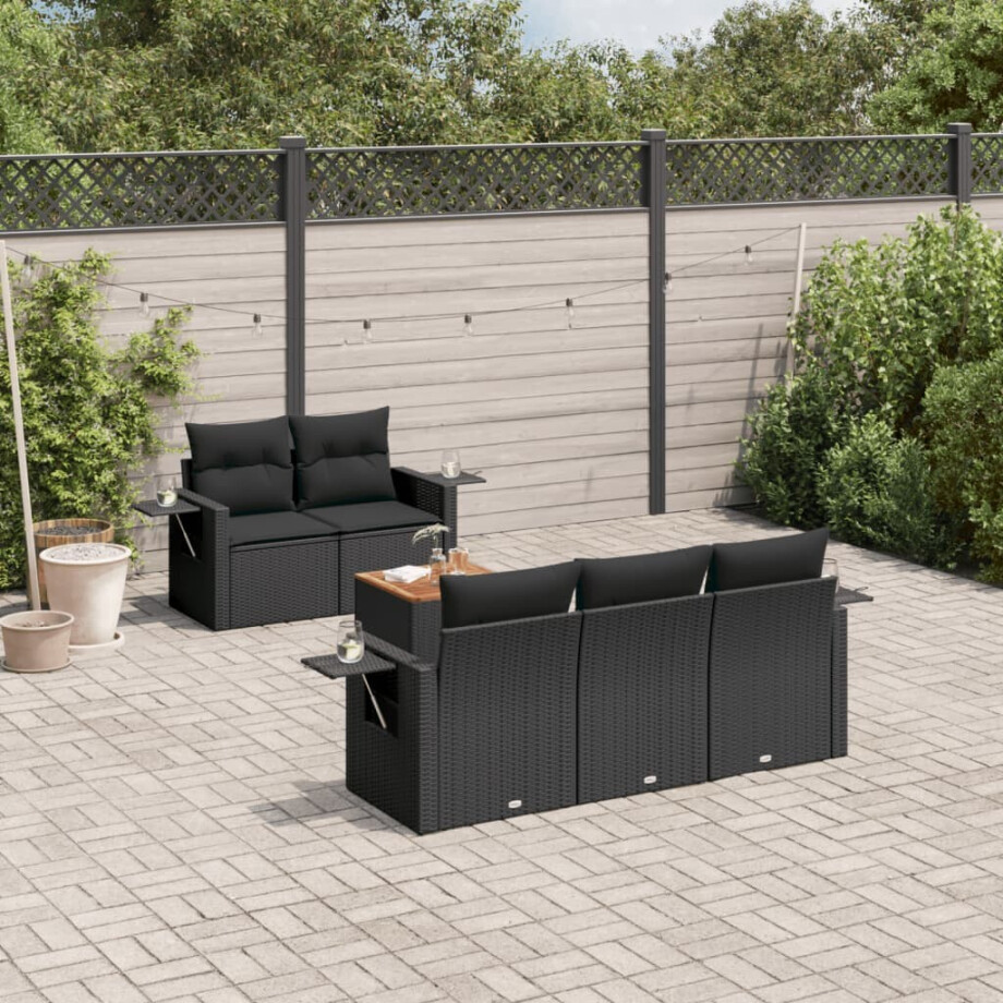 vidaXL 6-delige Loungeset met kussens poly rattan zwart afbeelding 1