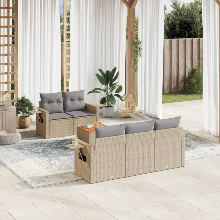 vidaXL 6-delige Loungeset met kussens poly rattan beige afbeelding 1