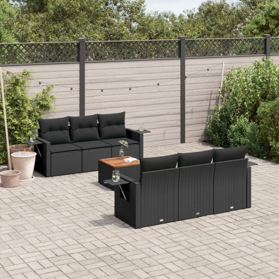vidaXL 7-delige Loungeset met kussens poly rattan zwart afbeelding 1