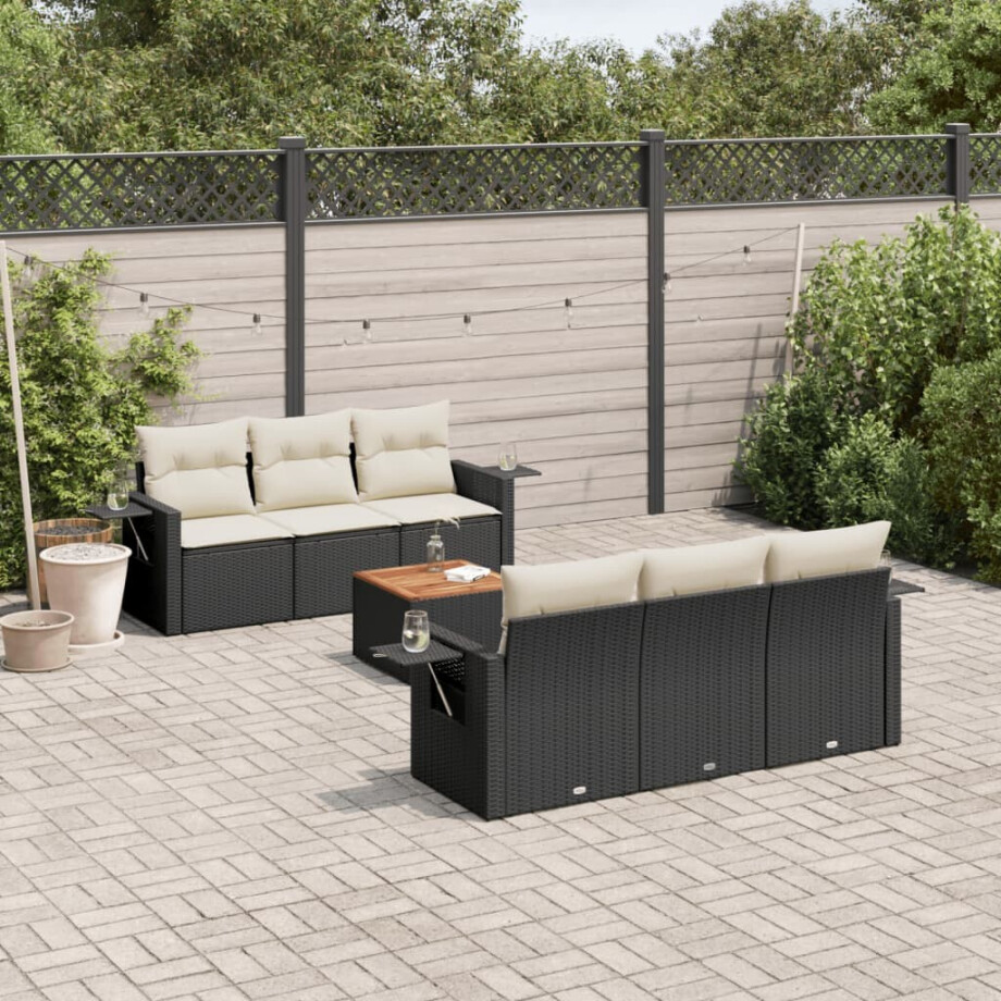 vidaXL 7-delige Loungeset met kussens poly rattan zwart afbeelding 1