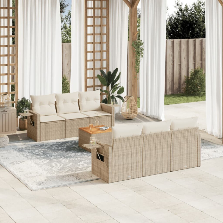 vidaXL 7-delige Loungeset met kussens poly rattan beige afbeelding 1