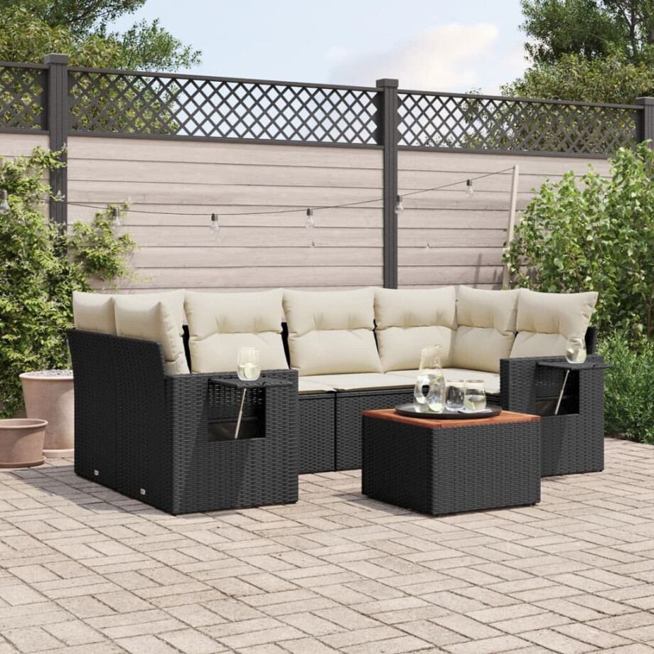 vidaXL 7-delige Loungeset met kussens poly rattan zwart vidaXL 7-delige Loungeset met kussens poly rattan zwart afbeelding 1