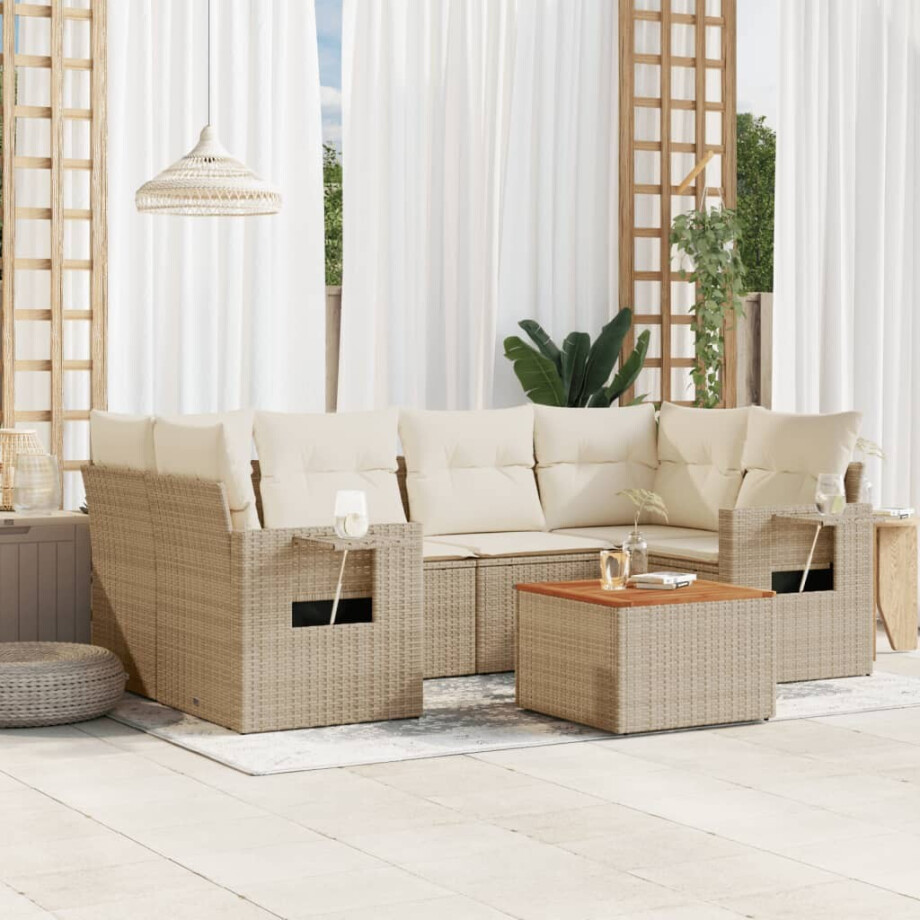 vidaXL 7-delige Loungeset met kussens poly rattan beige afbeelding 1