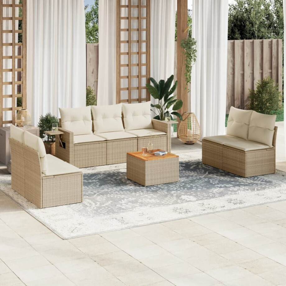 vidaXL 8-delige Loungeset met kussens poly rattan beige afbeelding 1