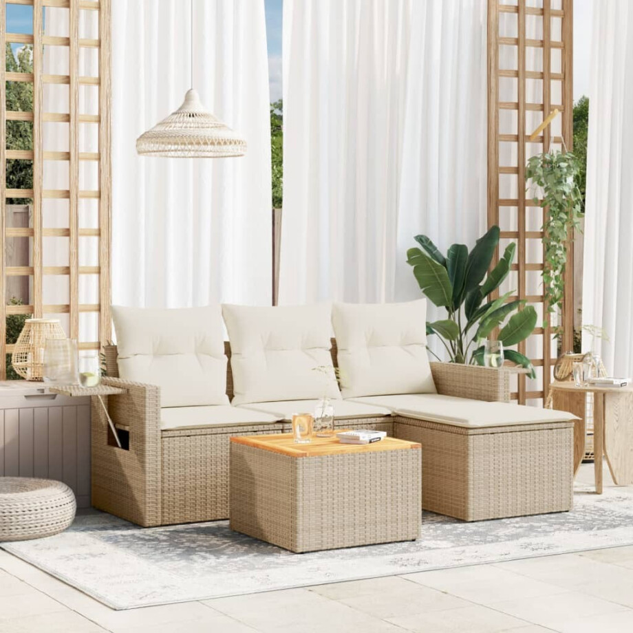 vidaXL 5-delige Loungeset met kussens poly rattan beige afbeelding 1