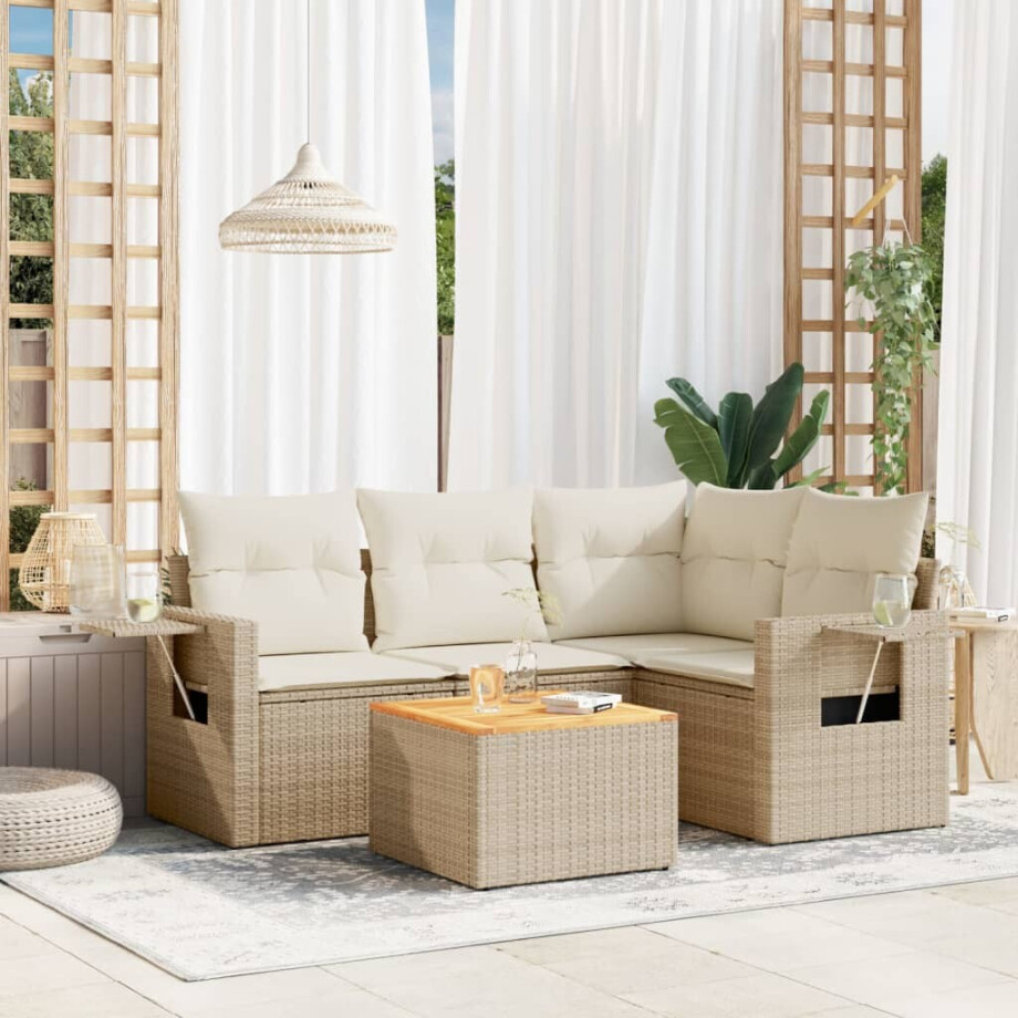 vidaXL 5-delige Loungeset met kussens poly rattan beige afbeelding 1