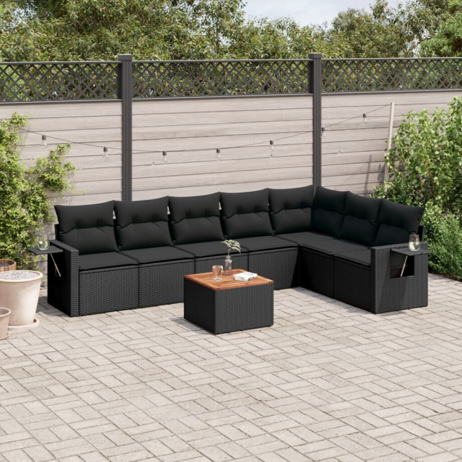 vidaXL 8-delige Loungeset met kussens poly rattan zwart afbeelding 1