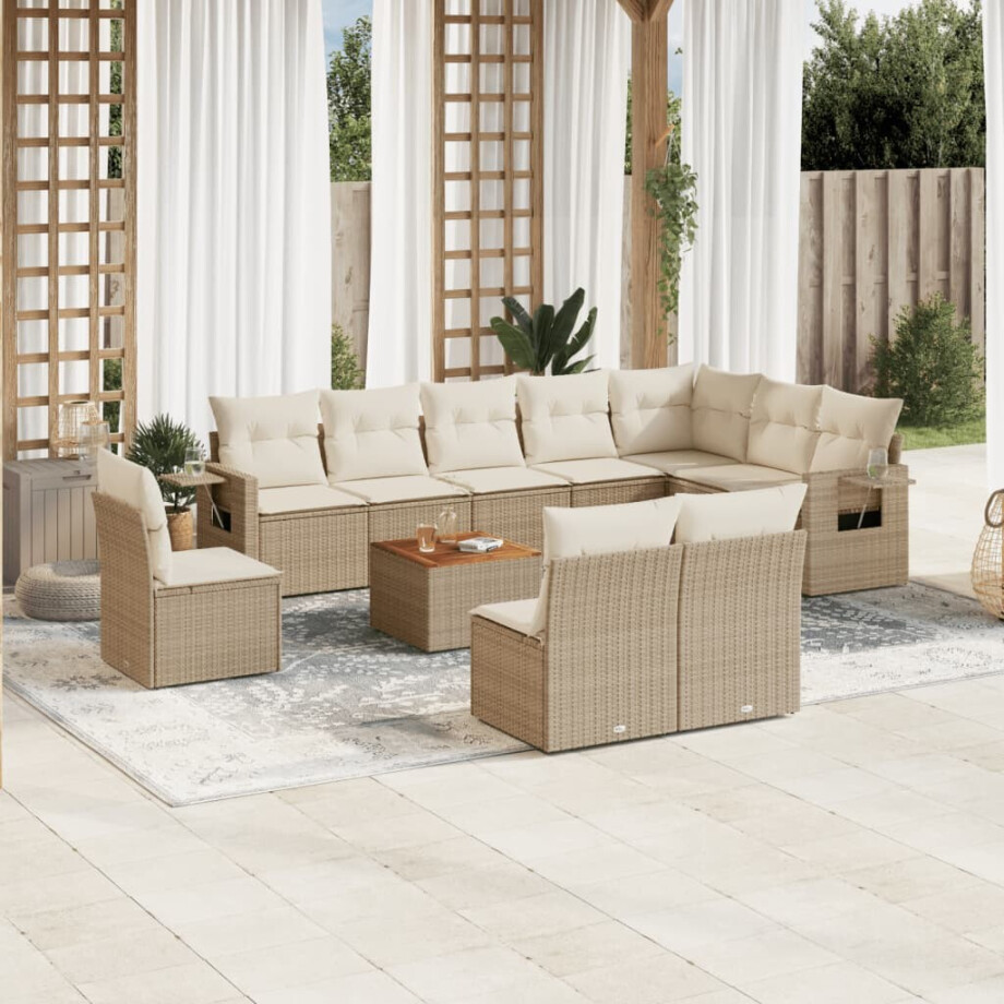 vidaXL 11-delige Tuinset met kussens poly rattan beige vidaXL 11-delige Tuinset met kussens poly rattan beige afbeelding 1