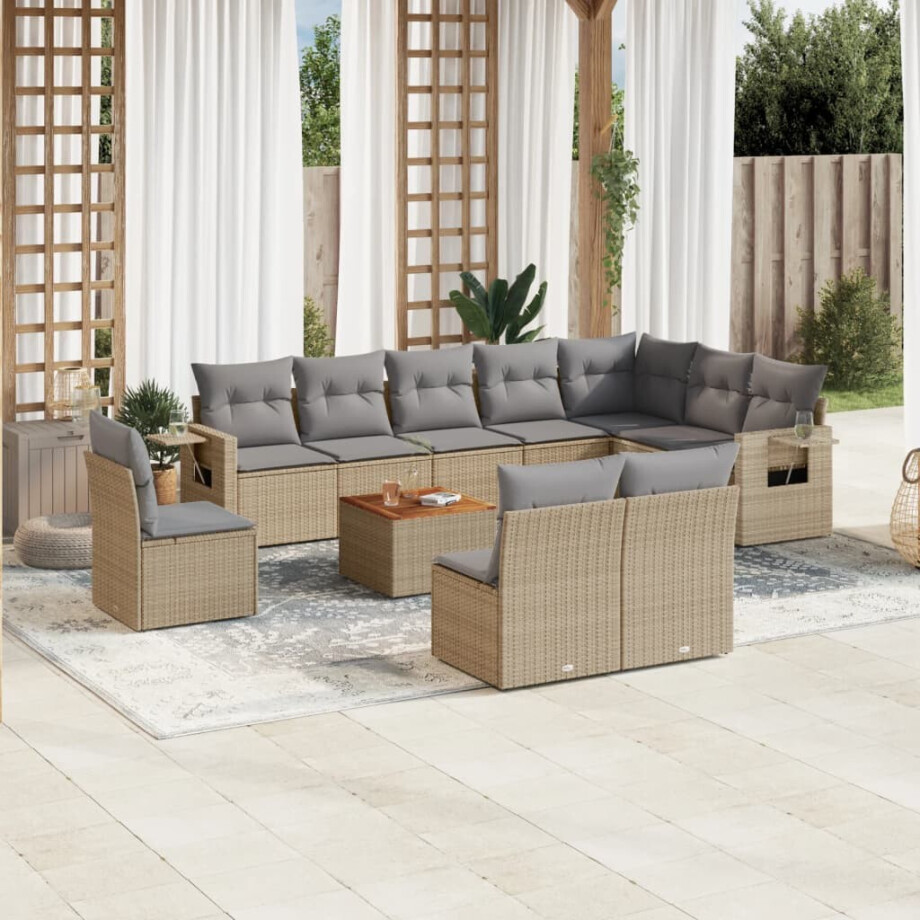 vidaXL 11-delige Tuinset met kussens poly rattan beige afbeelding 1