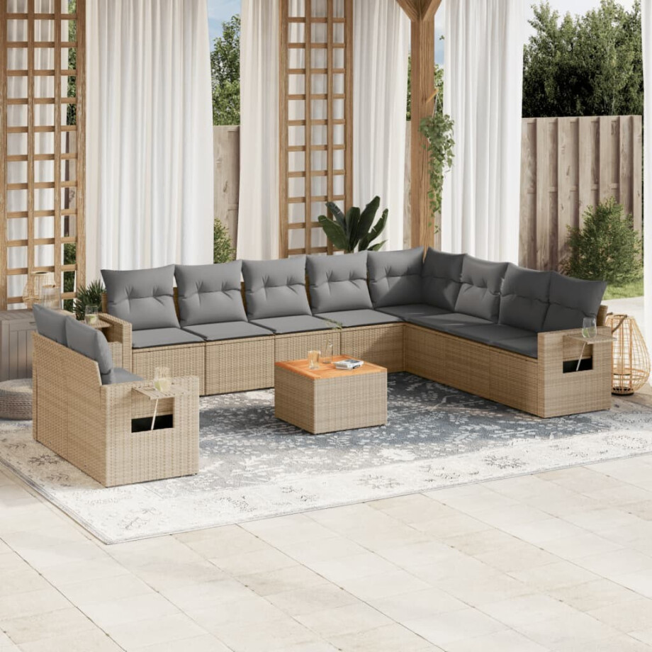 vidaXL 11-delige Tuinset met kussens poly rattan beige vidaXL 11-delige Tuinset met kussens poly rattan beige afbeelding 1