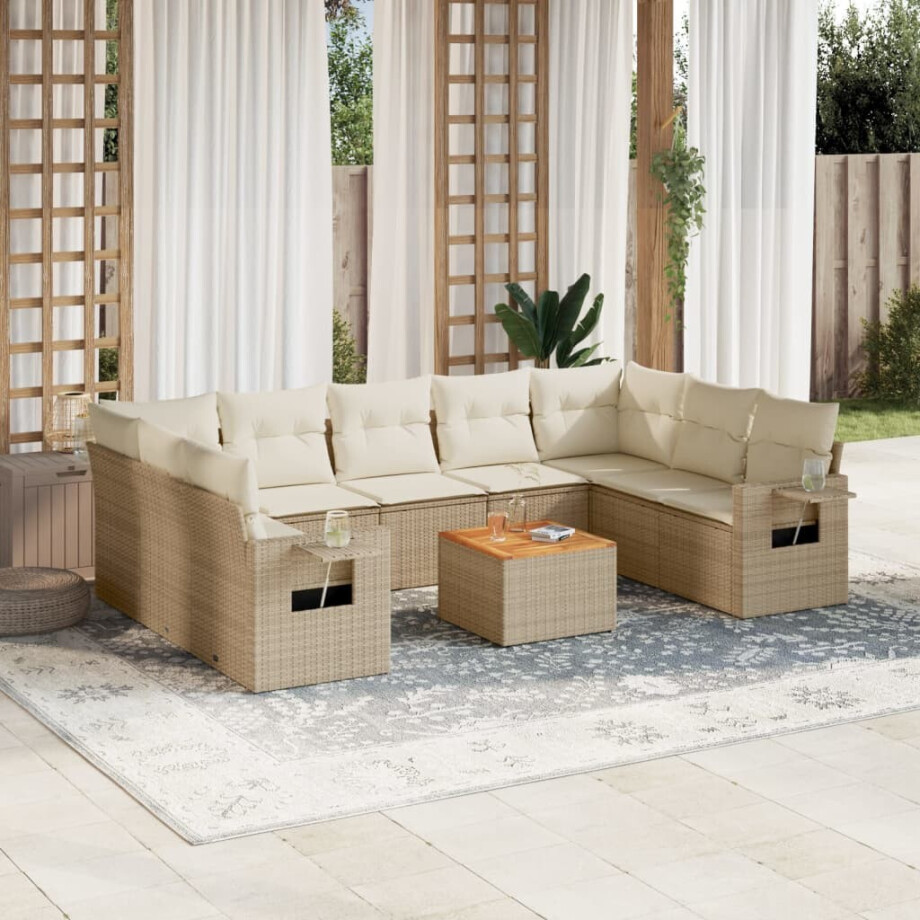 vidaXL 10-delige Loungeset met kussens poly rattan beige afbeelding 1