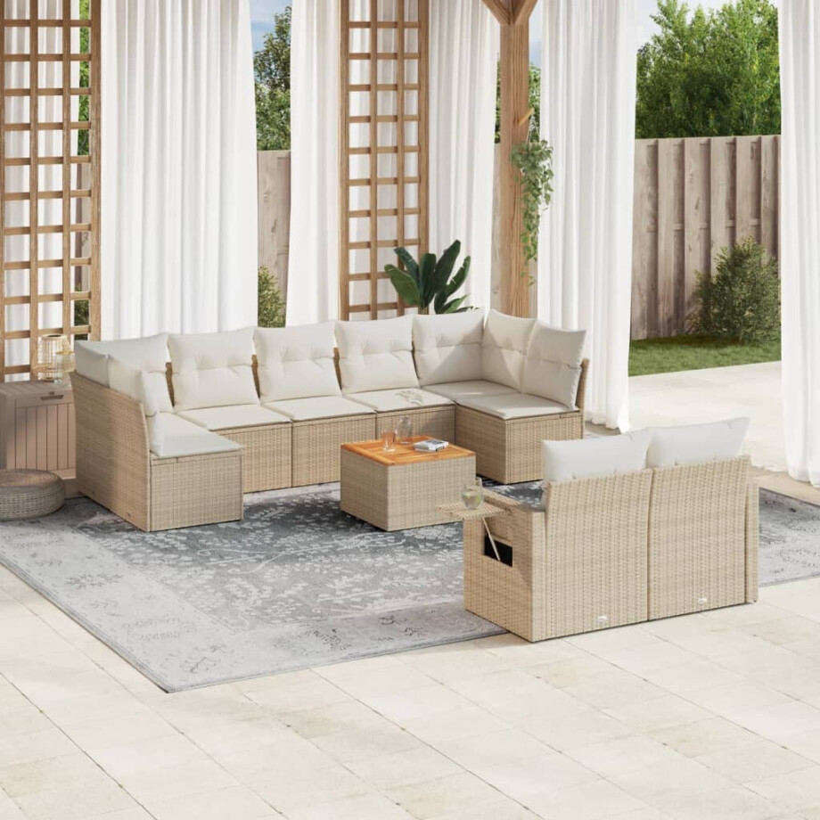 vidaXL 10-delige Loungeset met kussens poly rattan beige afbeelding 1