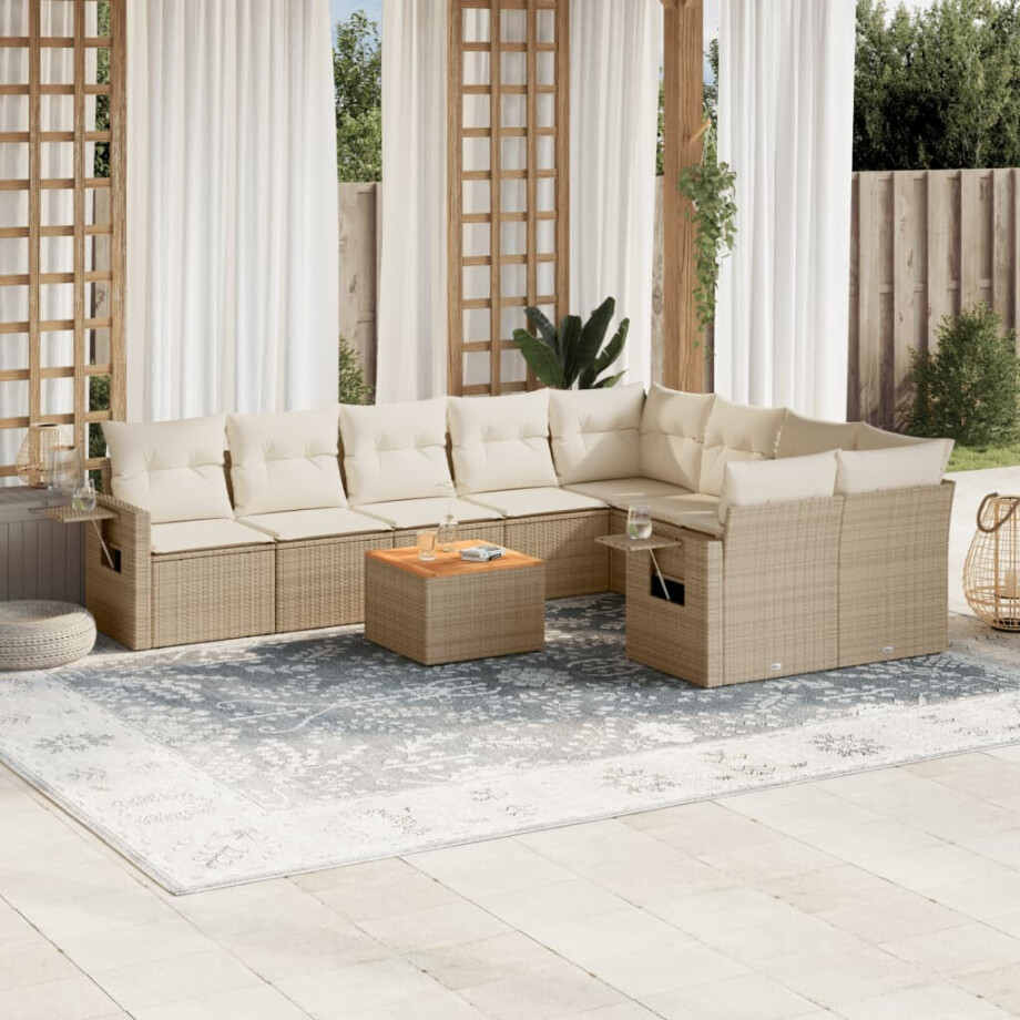 vidaXL 10-delige Loungeset met kussens poly rattan beige afbeelding 1