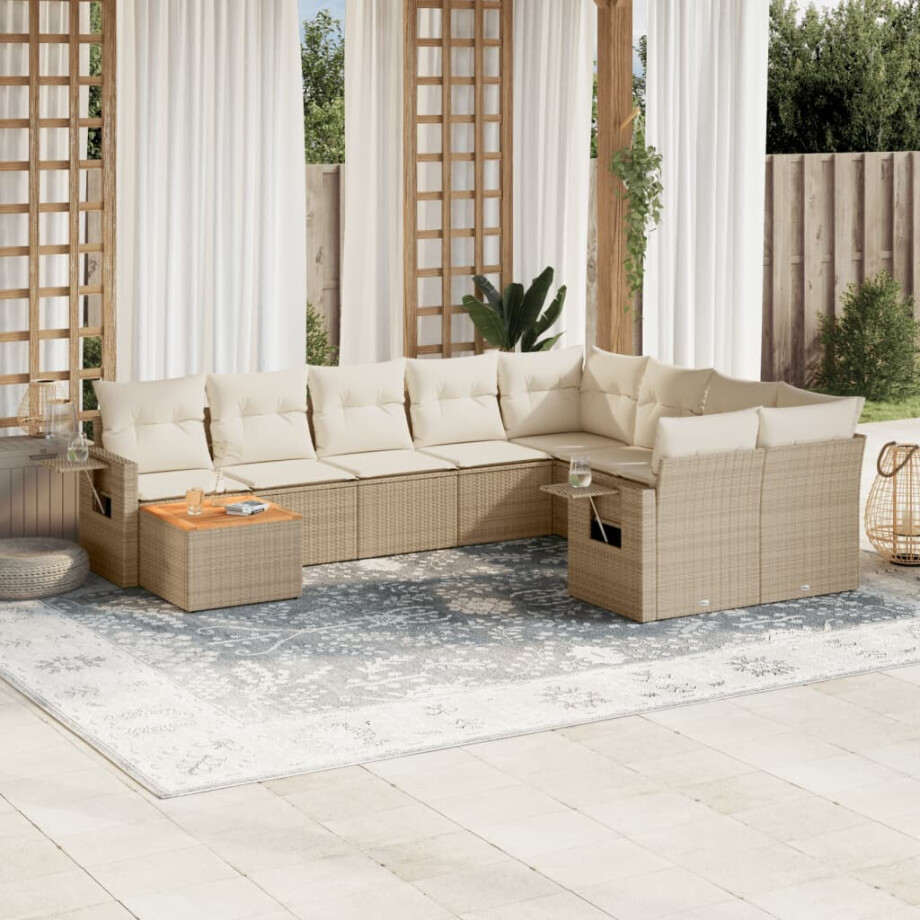 vidaXL 10-delige Loungeset met kussens poly rattan beige afbeelding 1