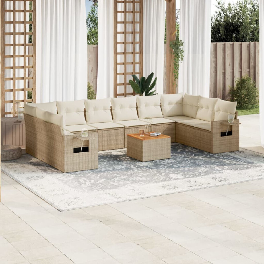 vidaXL 11-delige Tuinset met kussens poly rattan beige afbeelding 1
