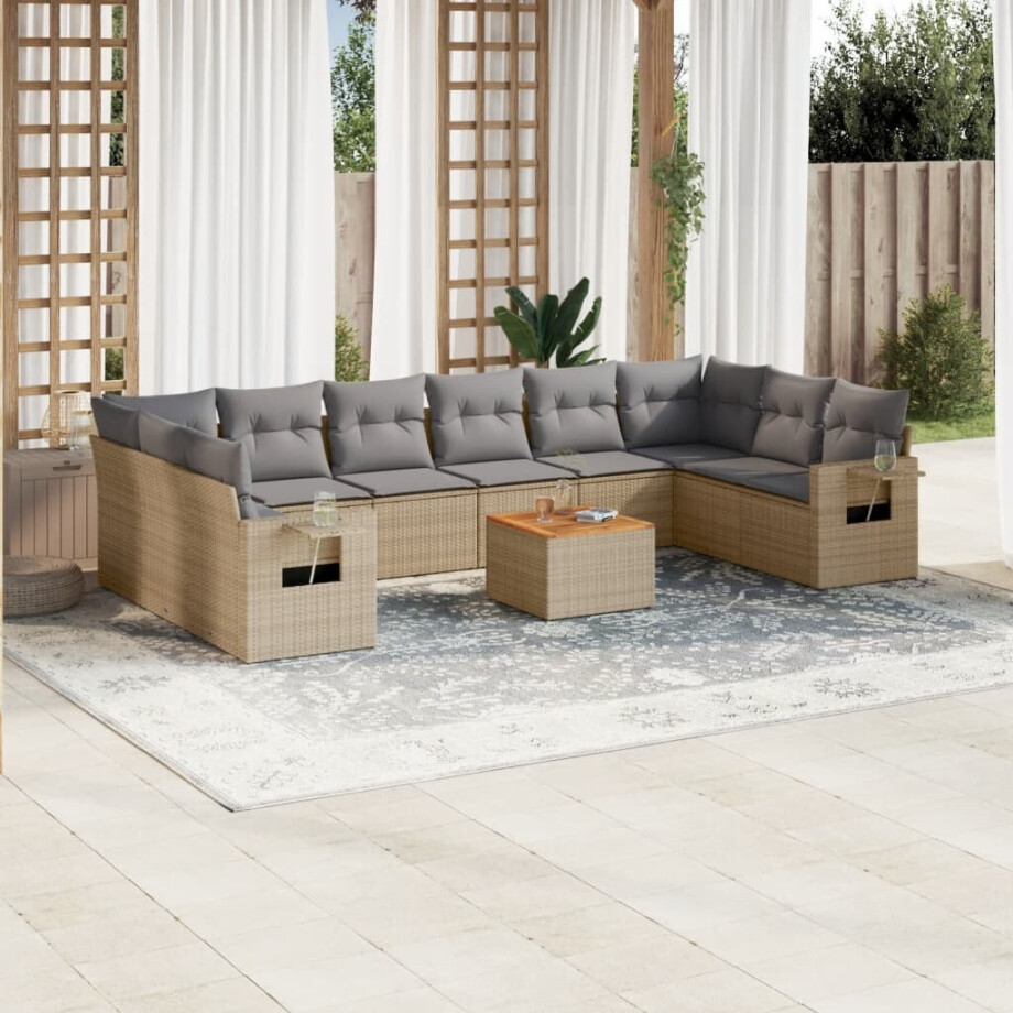 vidaXL 11-delige Tuinset met kussens poly rattan beige afbeelding 1
