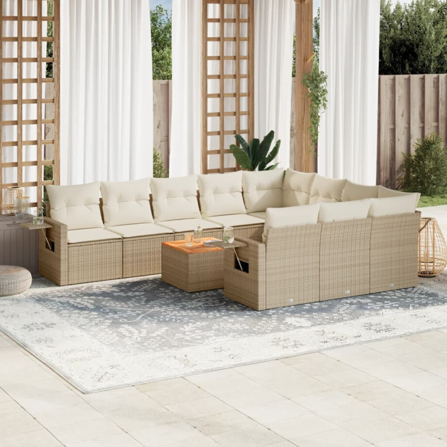 vidaXL 11-delige Tuinset met kussens poly rattan beige afbeelding 1