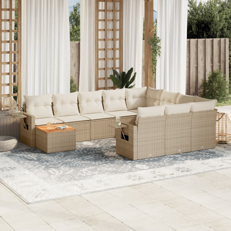 vidaXL 11-delige Tuinset met kussens poly rattan beige vidaXL 11-delige Tuinset met kussens poly rattan beige afbeelding 1