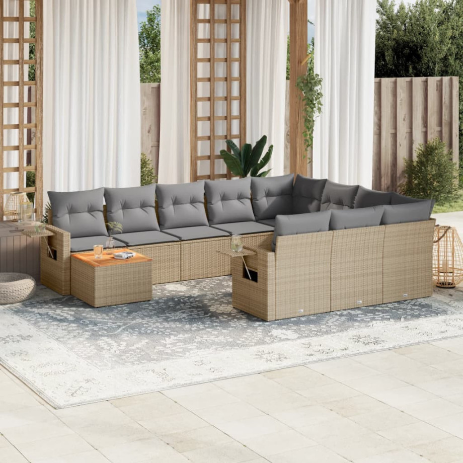 vidaXL 11-delige Tuinset met kussens poly rattan beige afbeelding 1