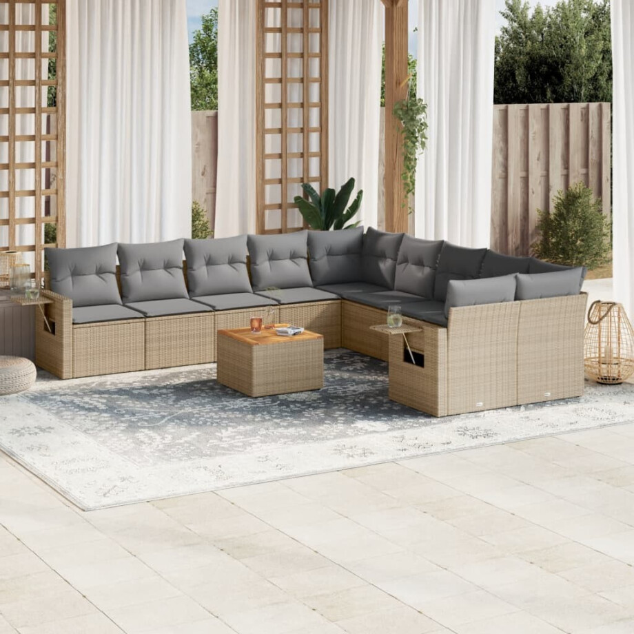 vidaXL 11-delige Tuinset met kussens poly rattan beige afbeelding 1
