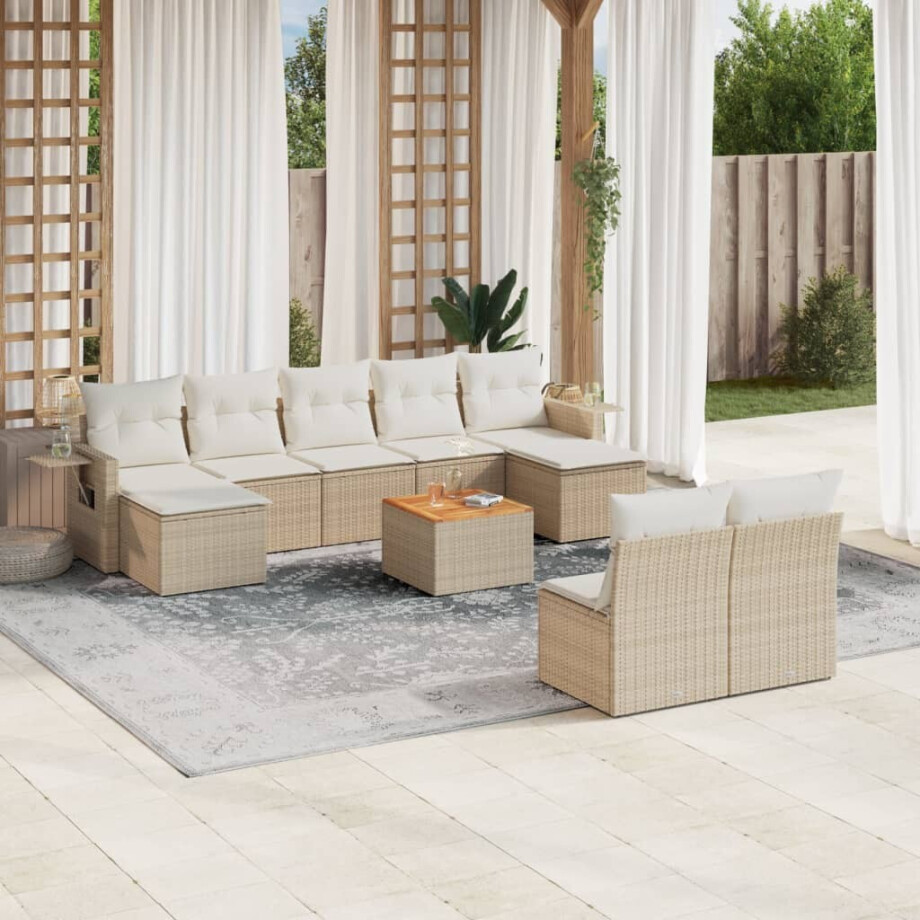 vidaXL 10-delige Loungeset met kussens poly rattan beige afbeelding 1