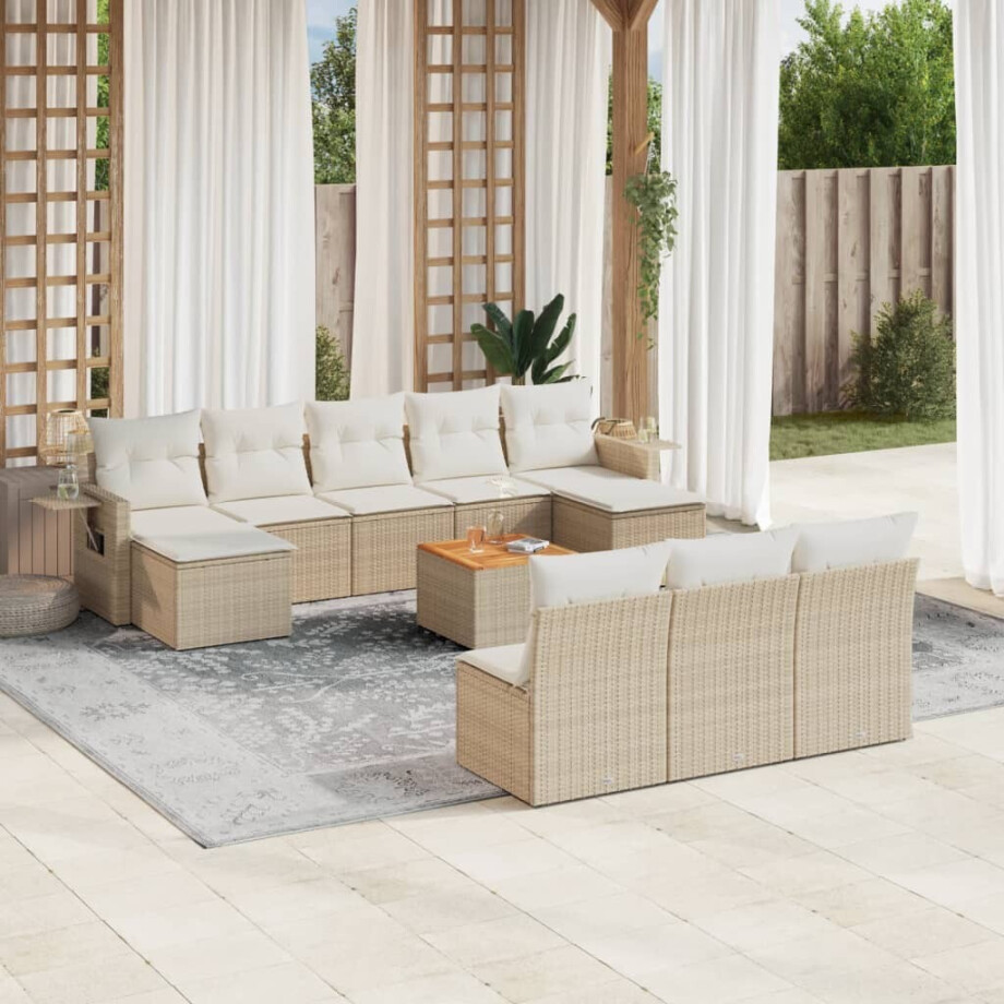 vidaXL 11-delige Tuinset met kussens poly rattan beige afbeelding 1