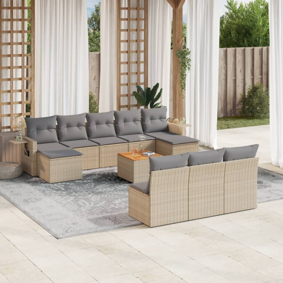 vidaXL 11-delige Tuinset met kussens poly rattan beige afbeelding 1
