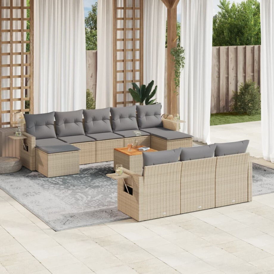 vidaXL 11-delige Tuinset met kussens poly rattan beige afbeelding 1