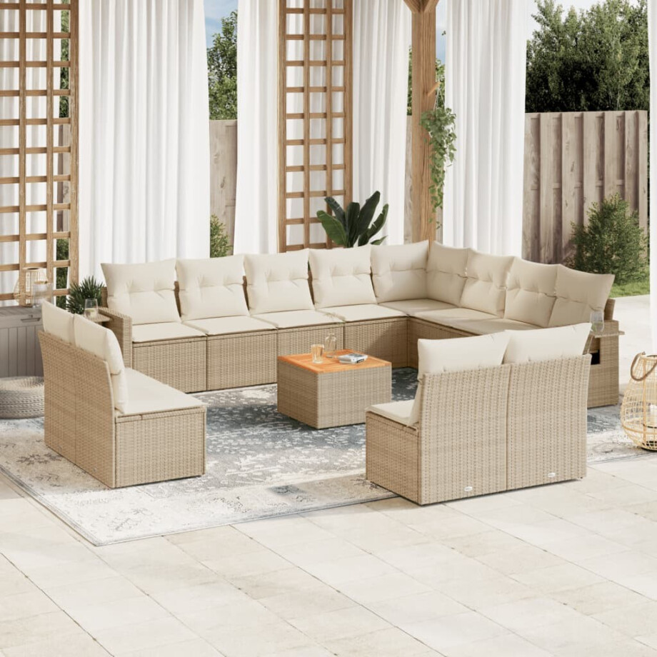 vidaXL 13-delige Loungeset met kussens poly rattan beige afbeelding 1