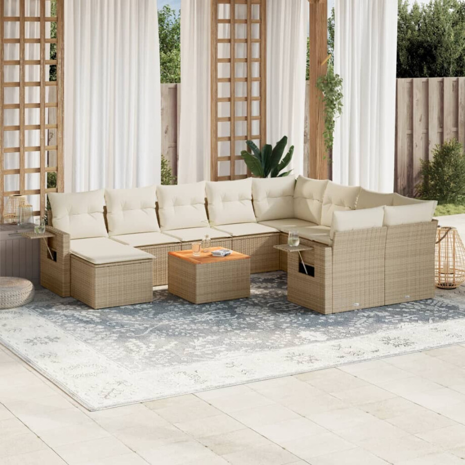 vidaXL 11-delige Tuinset met kussens poly rattan beige afbeelding 1