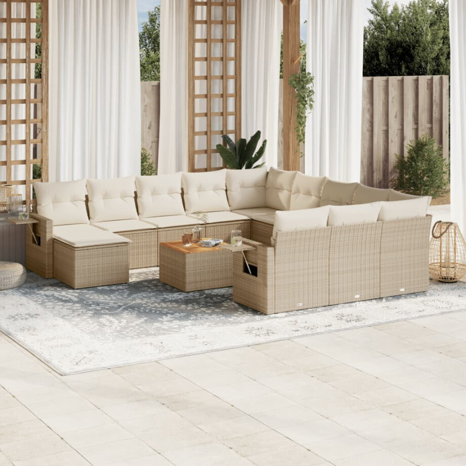 vidaXL 13-delige Loungeset met kussens poly rattan beige afbeelding 1