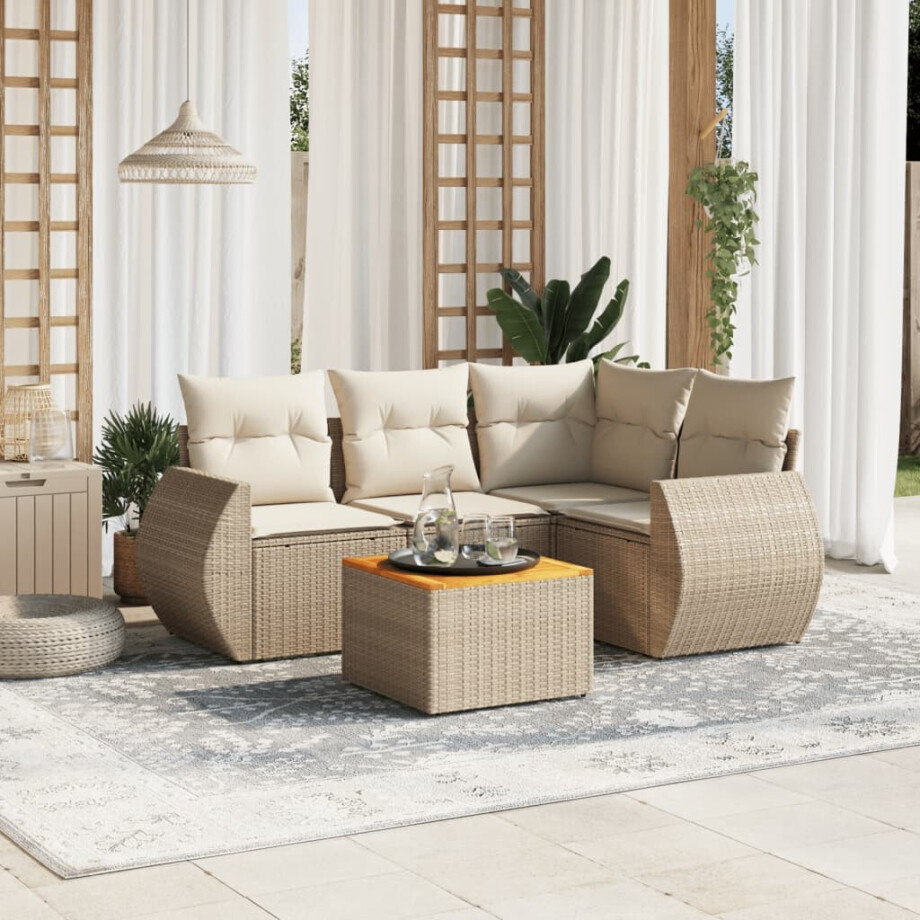 vidaXL 5-delige Loungeset met kussens poly rattan beige afbeelding 1