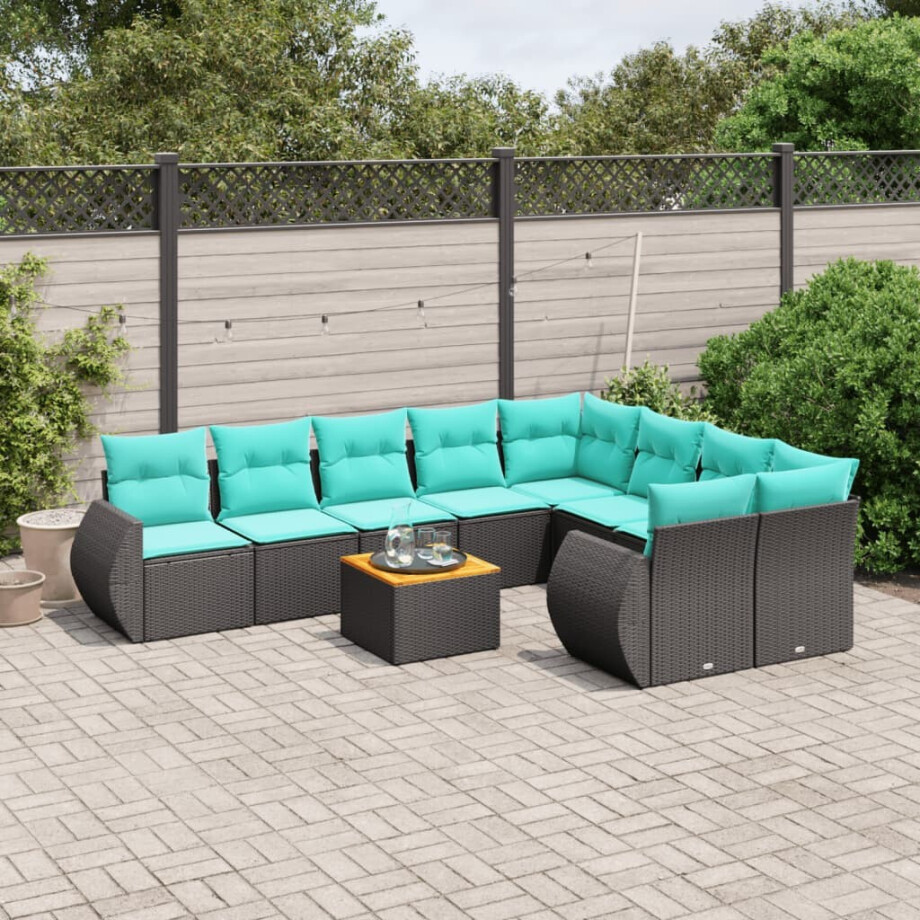 vidaXL 10-delige tuinbankset met kussens van zwart polyrotan afbeelding 1