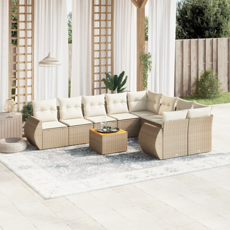 vidaXL 10-delige Loungeset met kussens poly rattan beige afbeelding 1