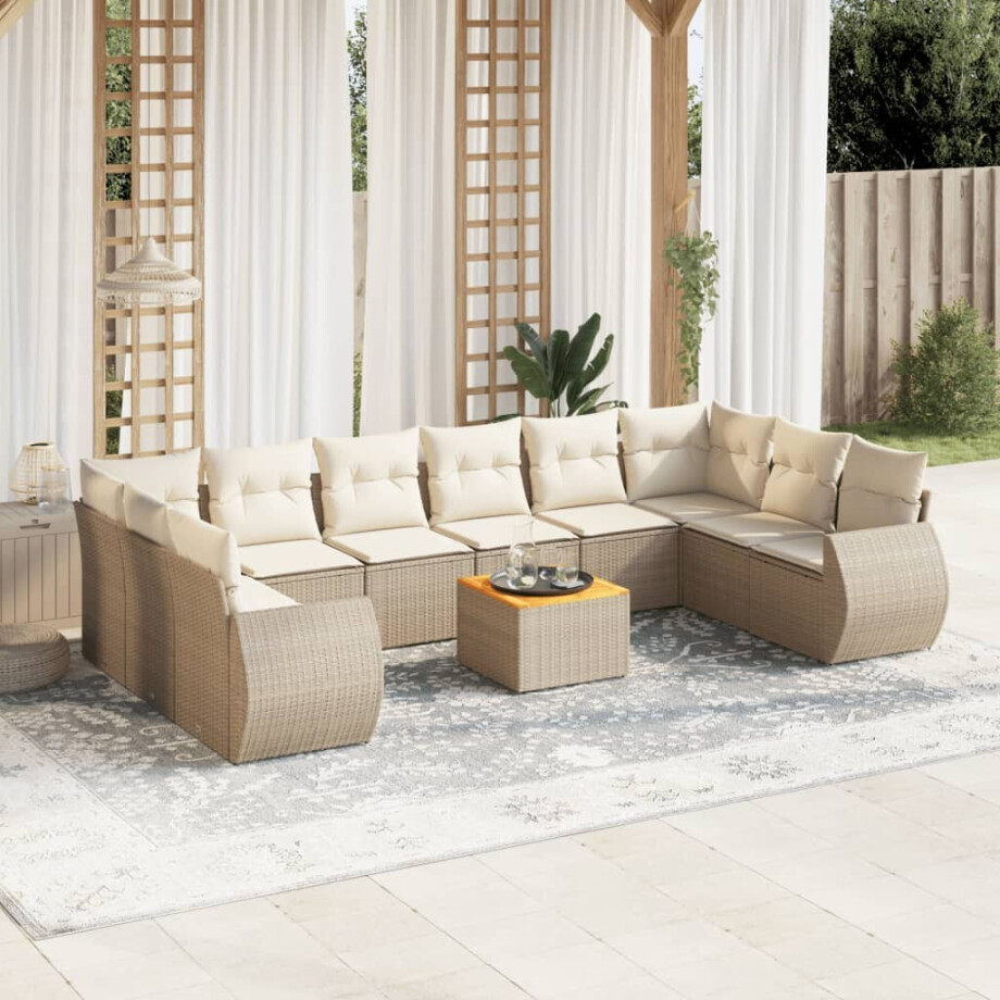 vidaXL 11-delige Tuinset met kussens poly rattan beige afbeelding 1
